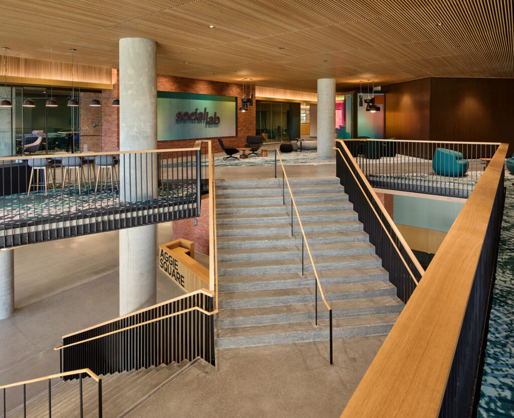 stairs to social lab on second floor of 300 aggie square