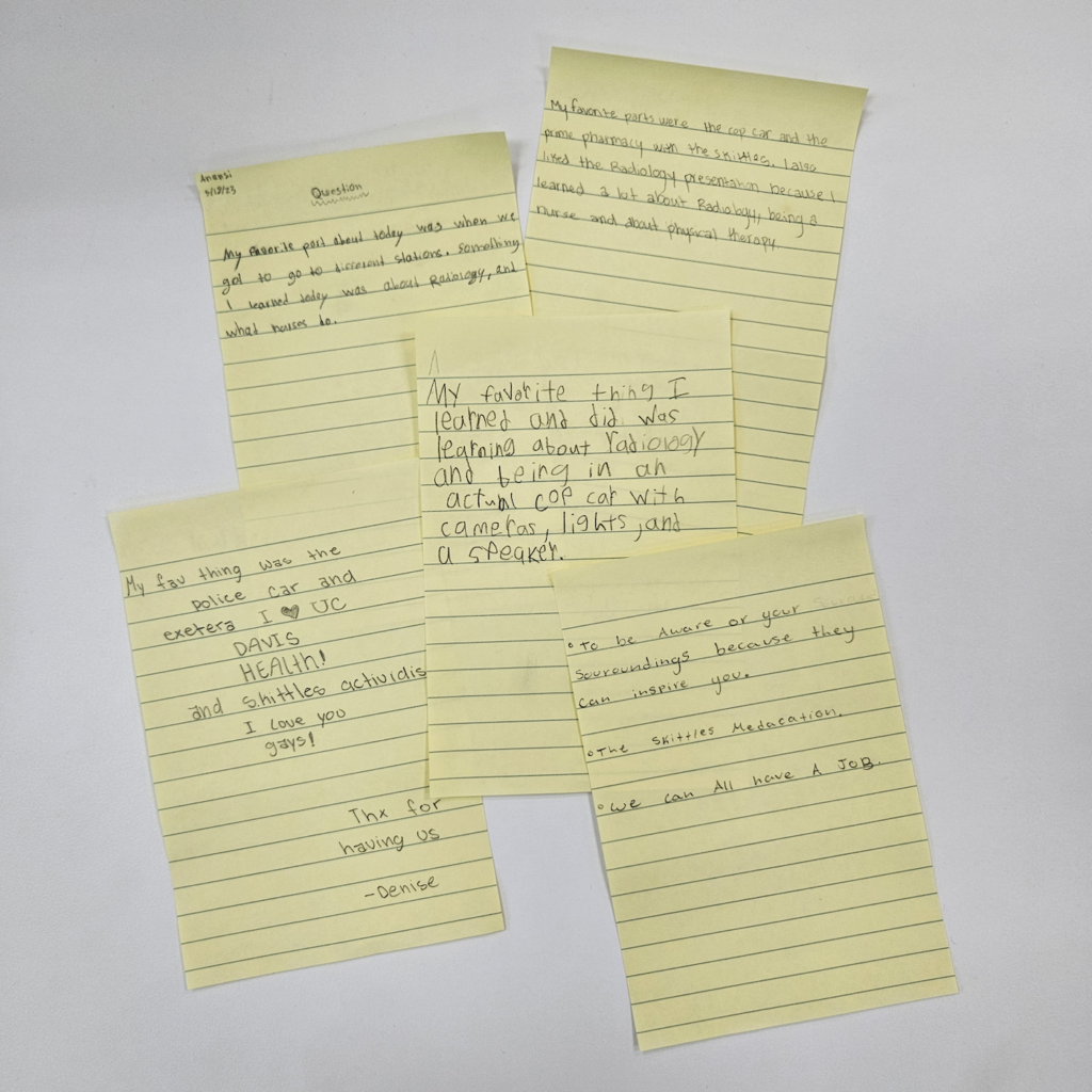 A few of the many notes that students wrote about their favorite things at the Discovery Day event.