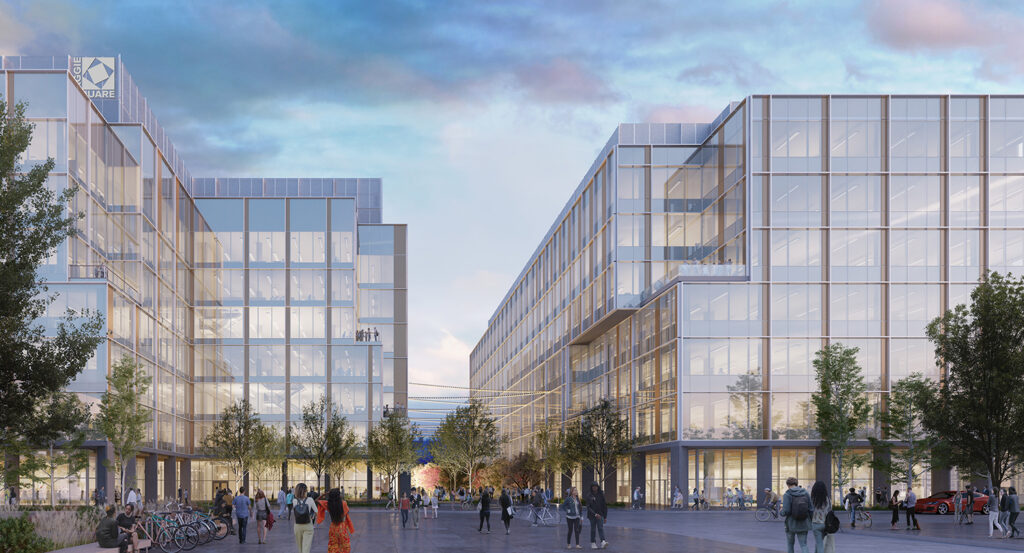 Image of the large Aggie Square plaza connecting glass faced-buildings to create a hub that will feature spaces to present, perform and gather.