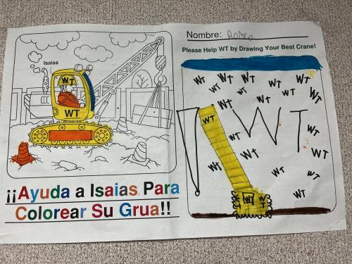 Student homework included identifying parts of a crane and coloring a picture of the crane.