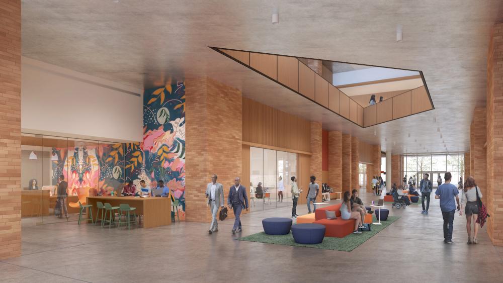 Aggie Square interiors also feature exposed brick.